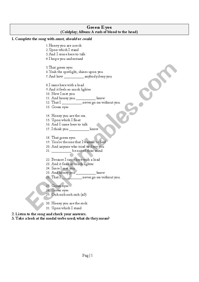 Green Eyes song worksheet