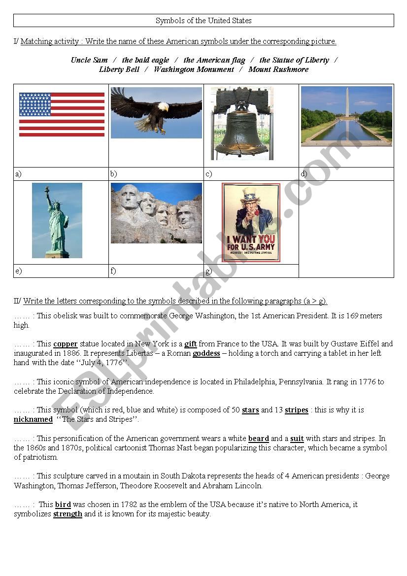 American symbols worksheet