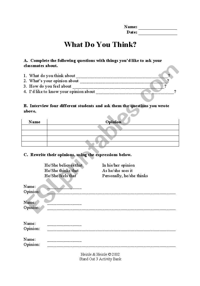 WHAT DO YOU THINK worksheet