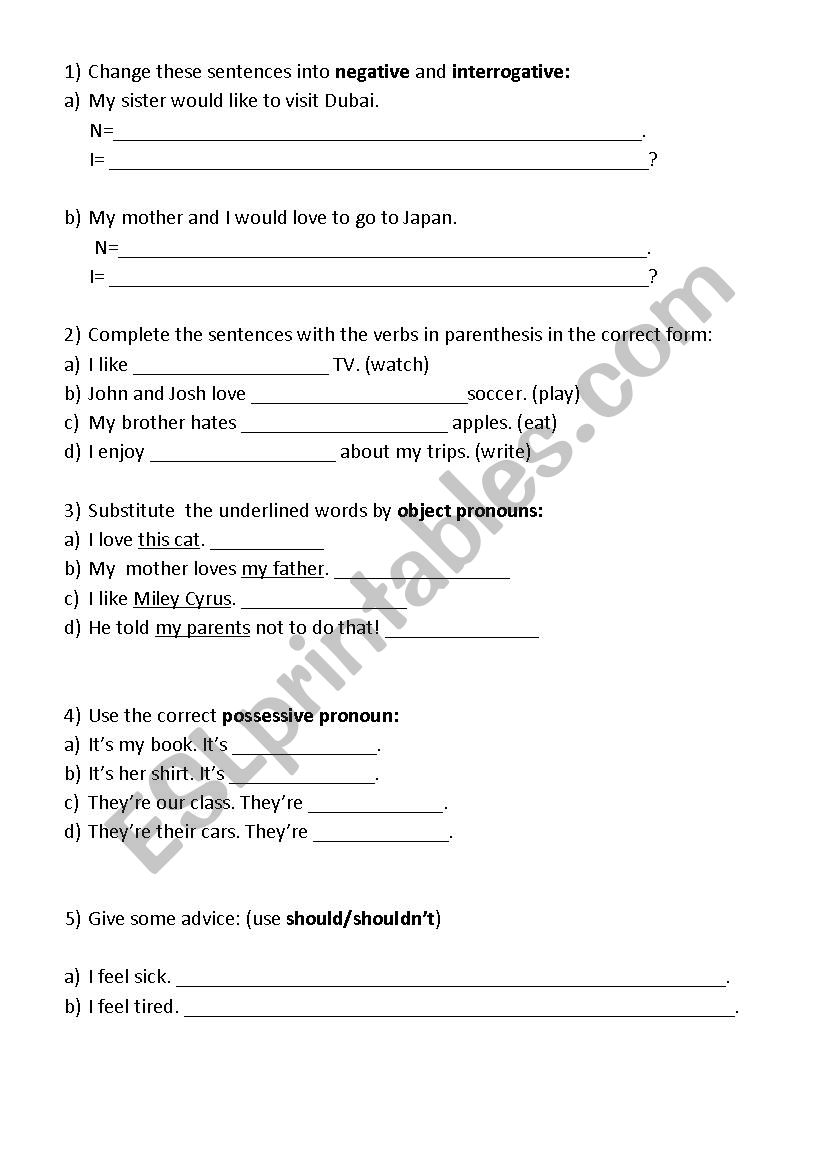 Exercises worksheet