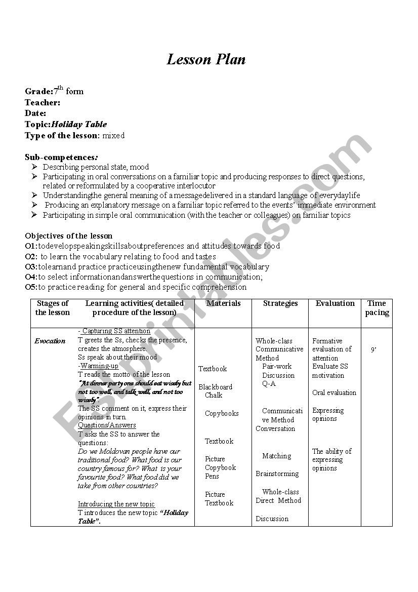 Holiday Table worksheet