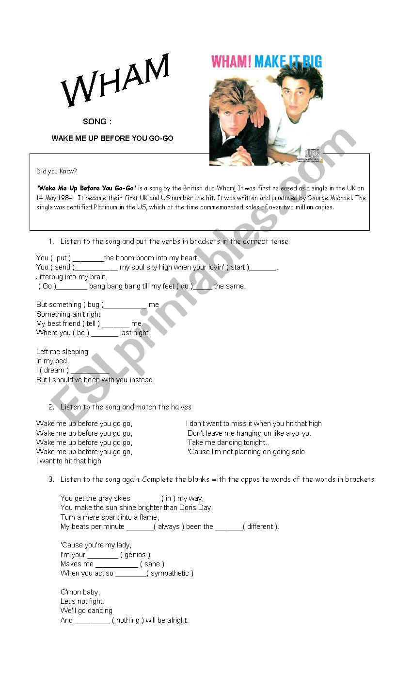 wake me up by wham worksheet