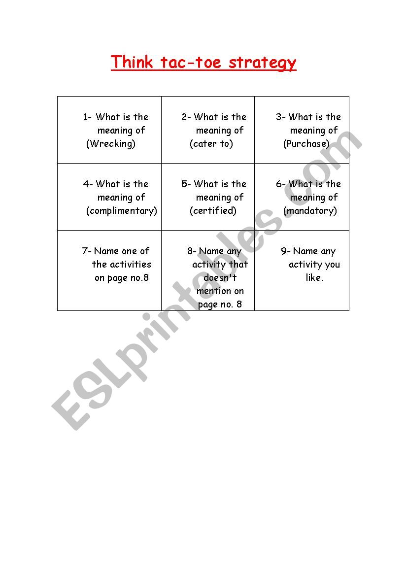 Think tac-toe strategy worksheet
