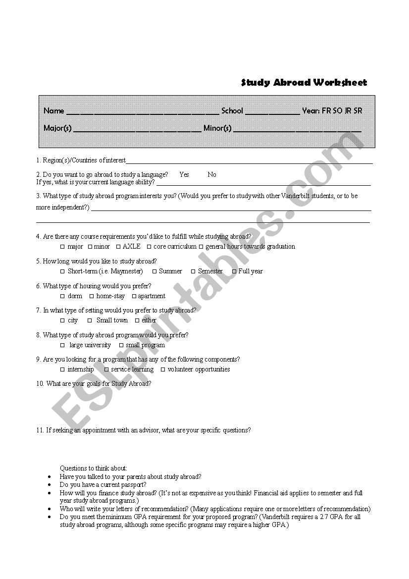 Study abroad  worksheet