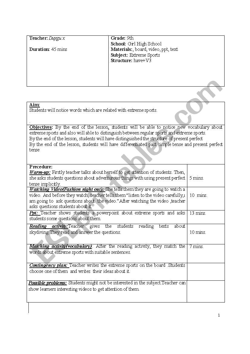 extreme sports lesson plan worksheet