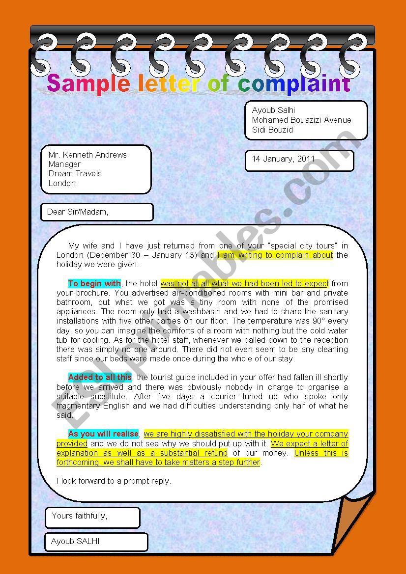 Samle letter of complaint worksheet