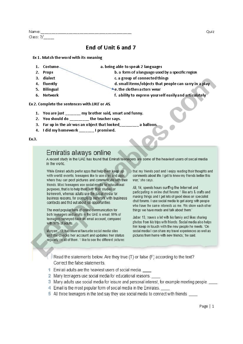 Quiz- mixed skills - reading, comprehnsion, vocabulary and grammar (like and as) + reported speech, questions and command