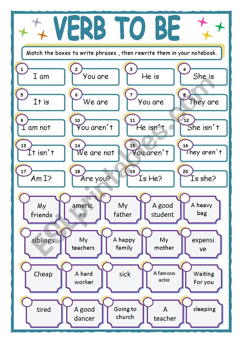 Verb to be- match the boxes worksheet