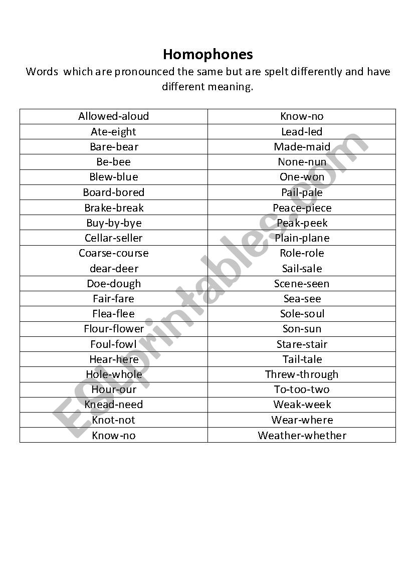 Homophones worksheet