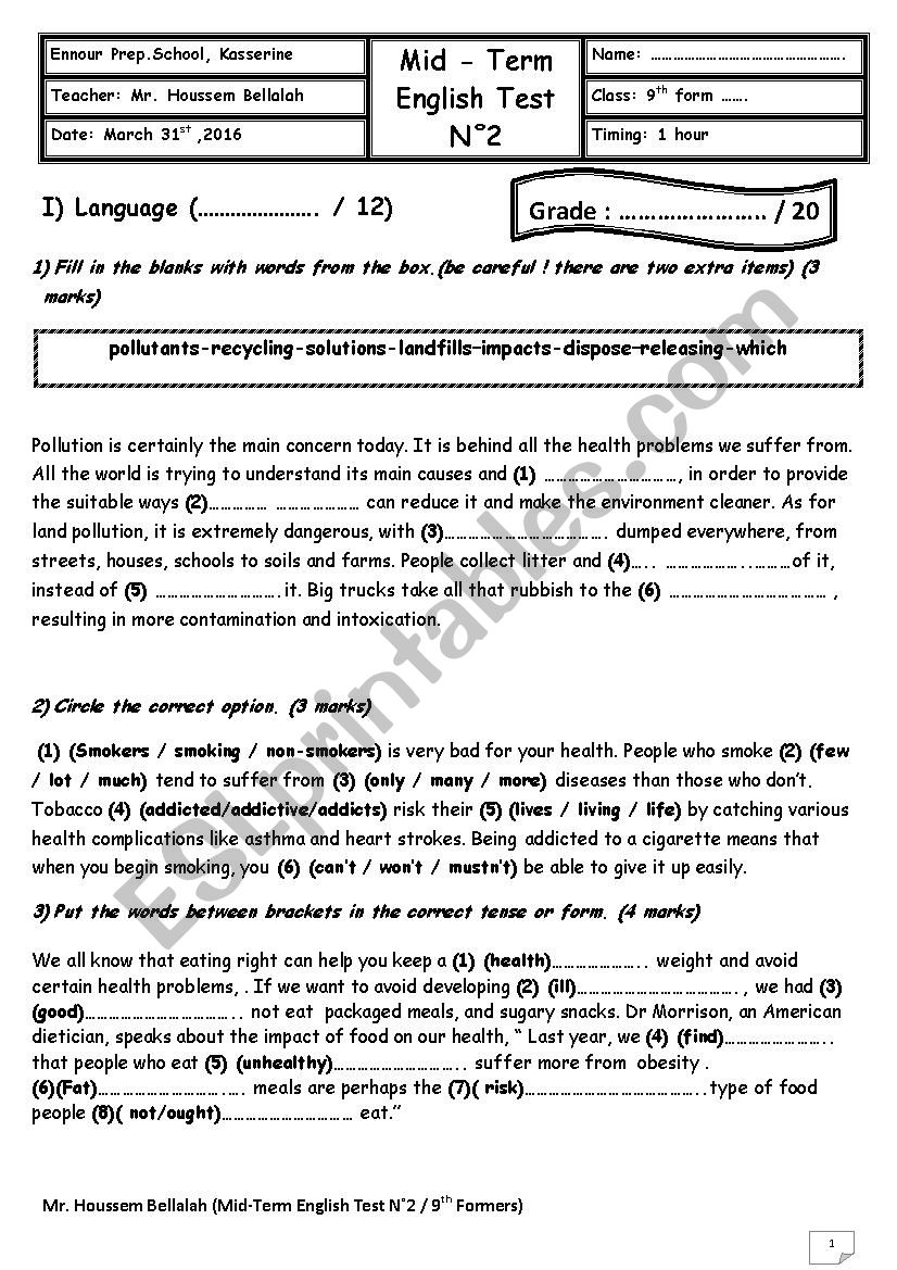 Mid Semester 2 Test N 1 ( 9th form ) ( module 3 ; Pollution & Environment )