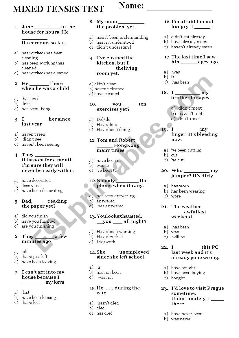 Present Perfect / Present Perfect Continuous / Simple Past multiple choice test