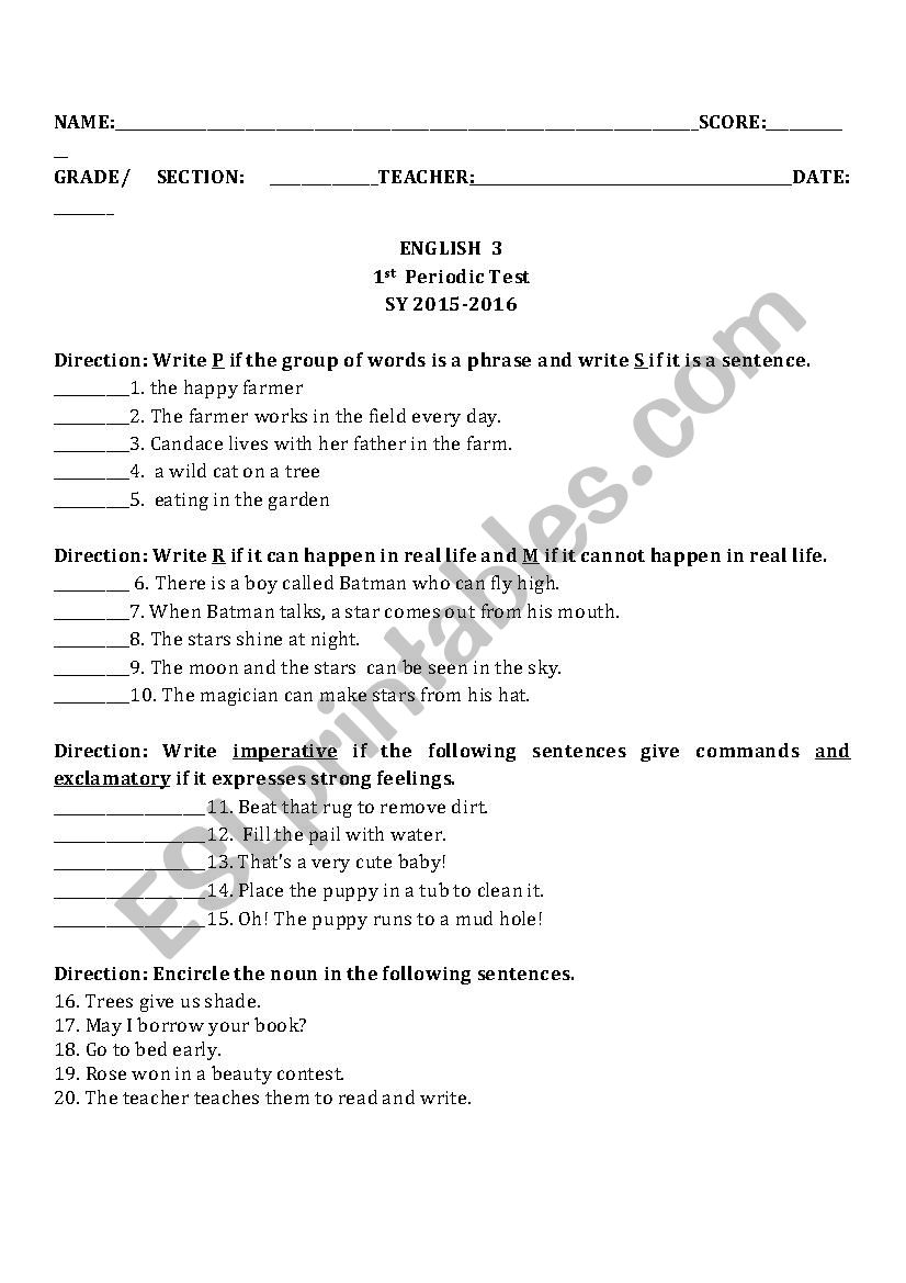 English Test worksheet