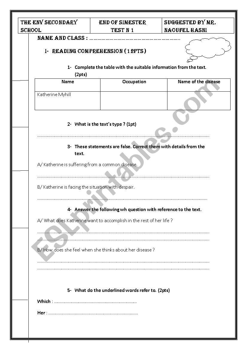 third year secondary school test. Tunisia 