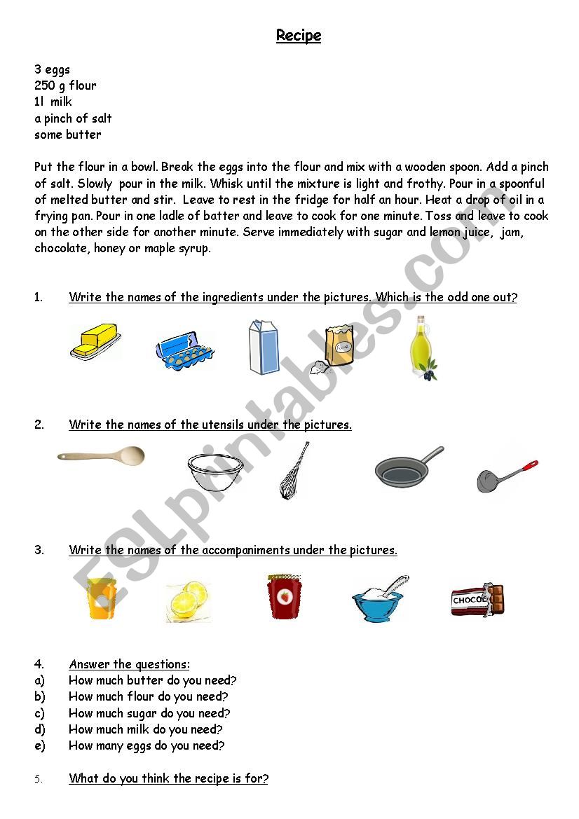 Pancake day recipe worksheet