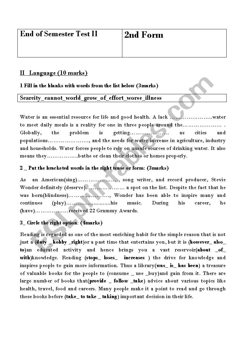 End of Semester II Test II 2nd Form