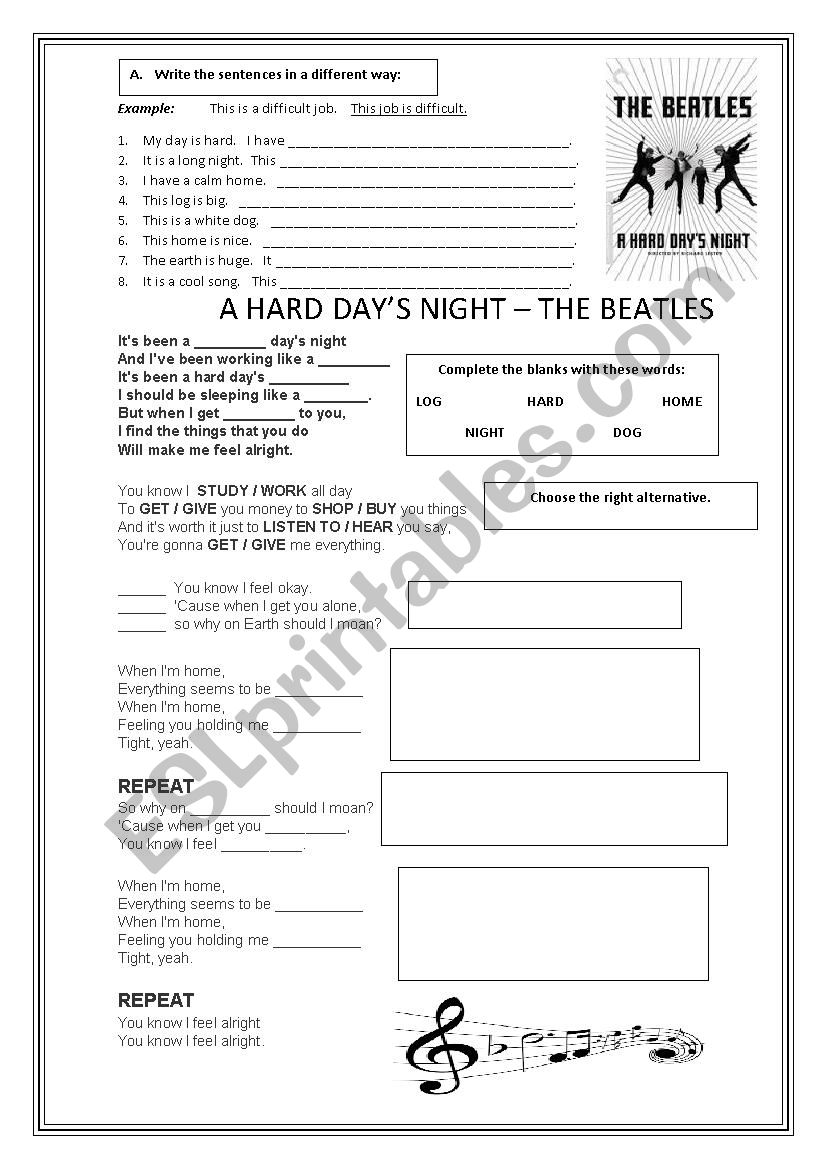 A HARD DAYS NIGHT worksheet