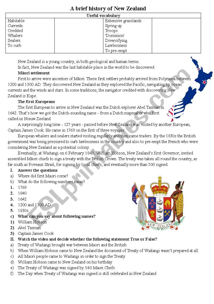 Brief history of New Zealand worksheet