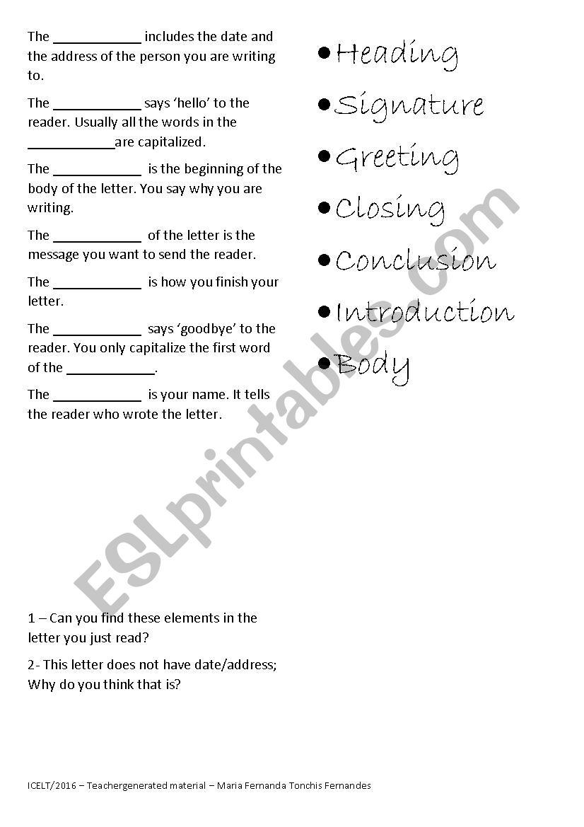 Items in a letter fill in the gaps activities