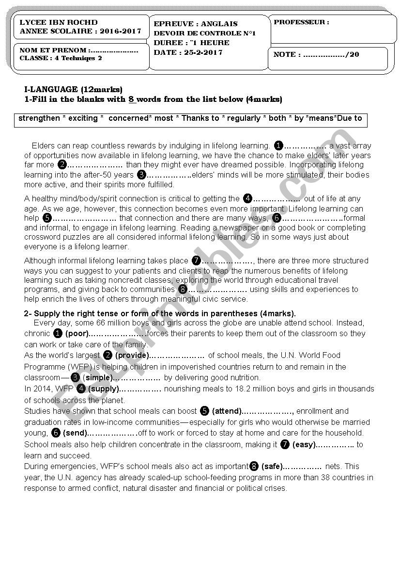 Second Semester test N1 worksheet