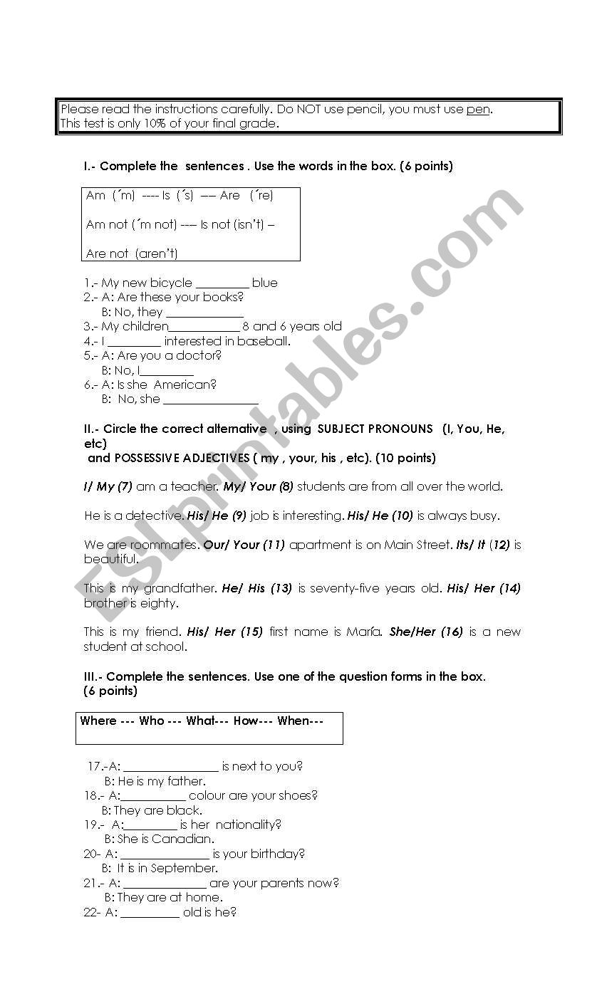 verb be test worksheet