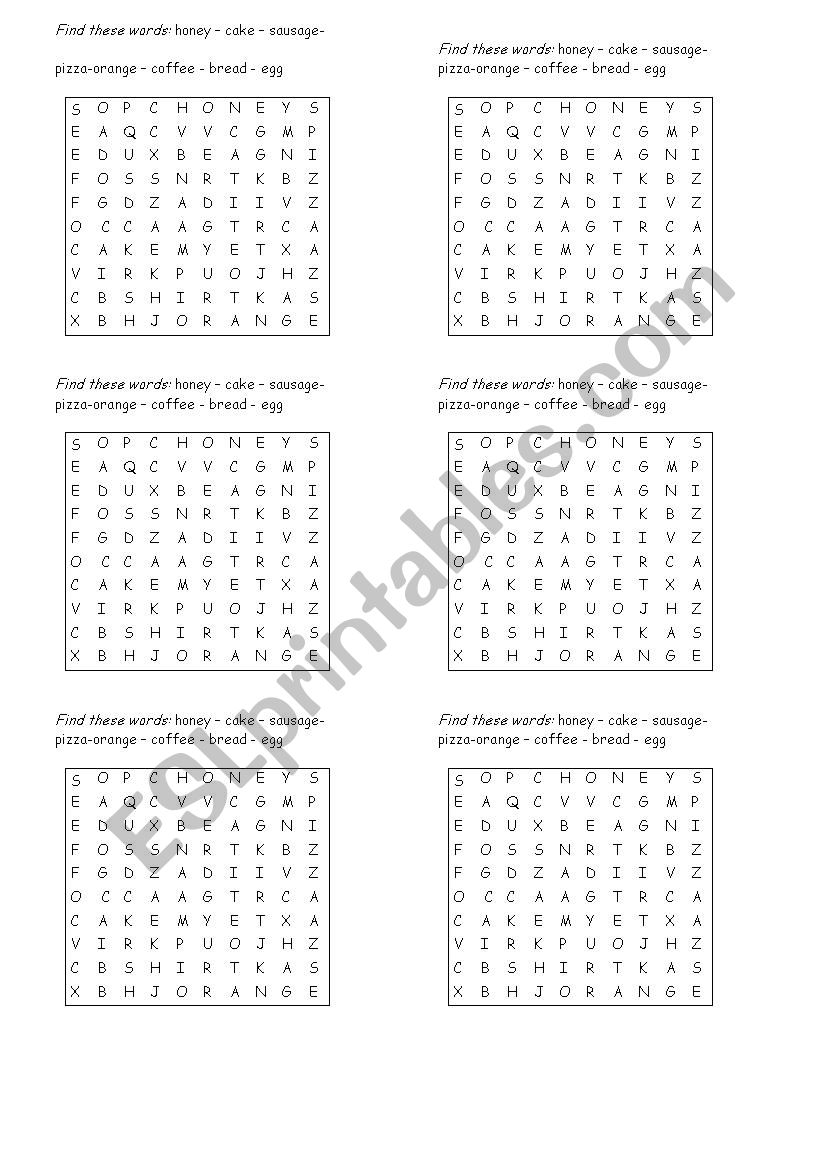 food wordsquare worksheet