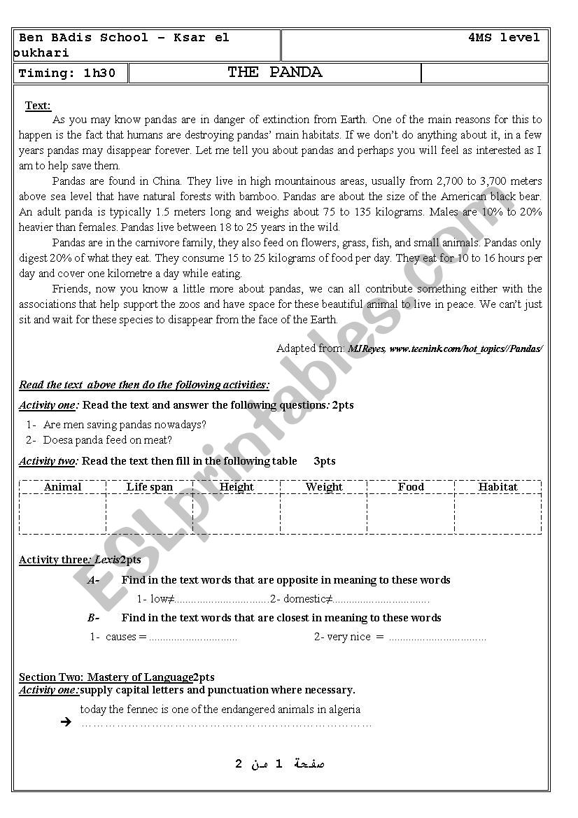 4MS Exam - endangered panda worksheet