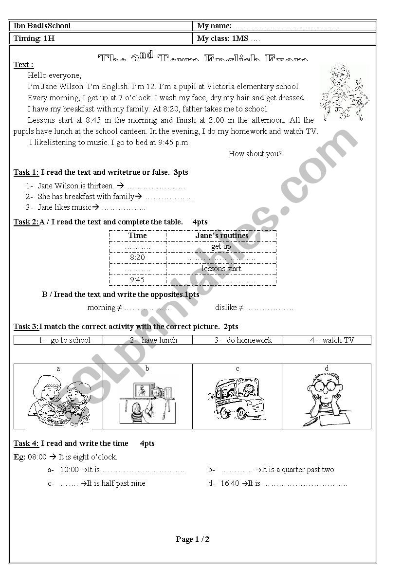 1MS exam - daily routines worksheet