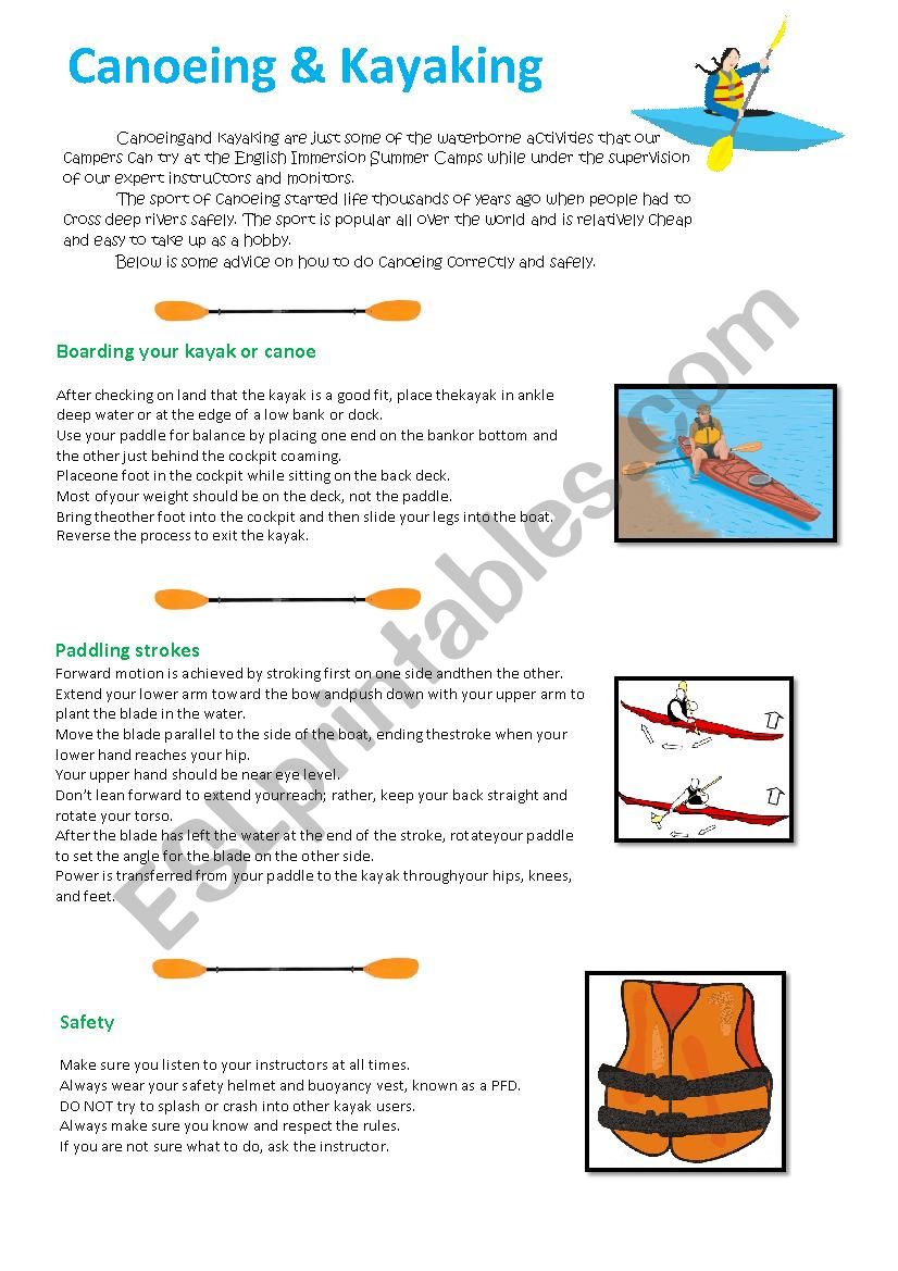 Canoeing and Kayaking Summer Camp Worksheet