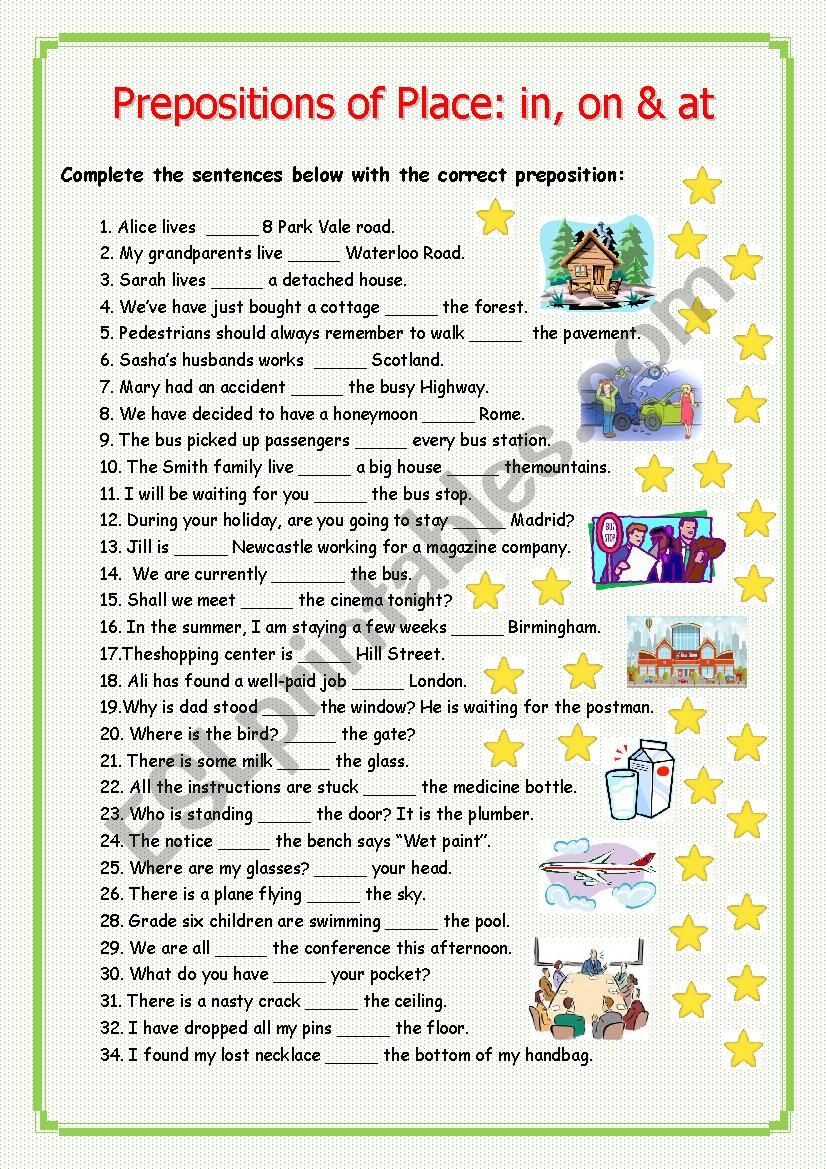 prepositions of place in on at esl worksheet by elle81