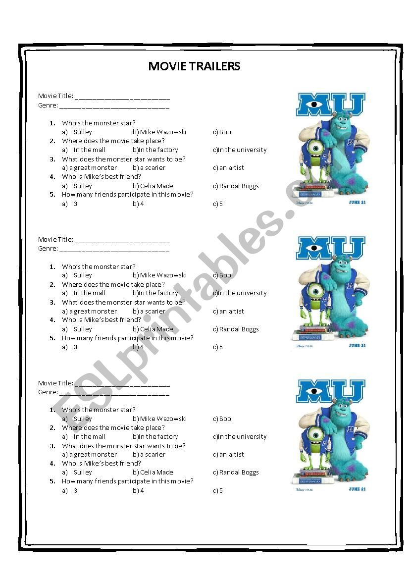 MOVIE TRAILER worksheet