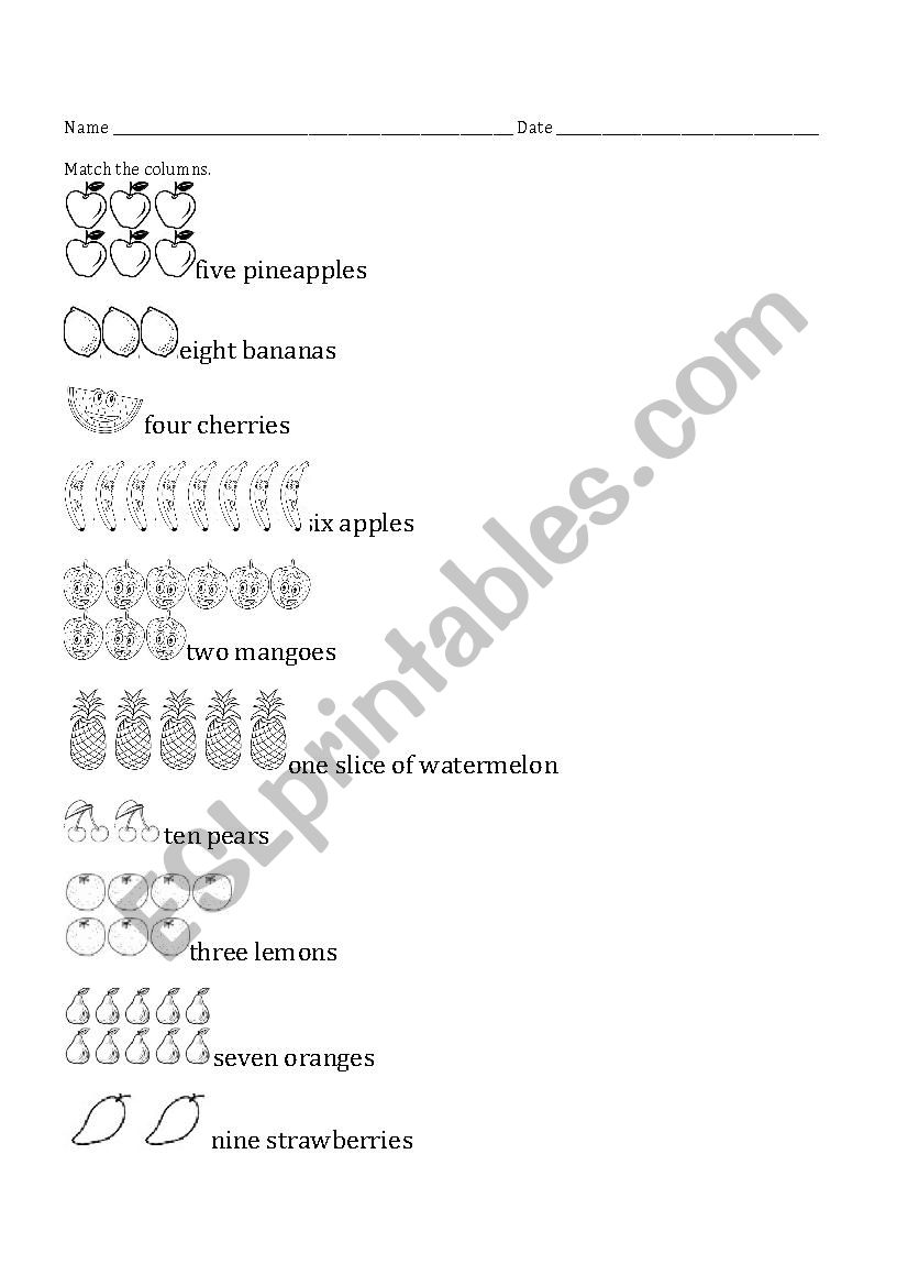 Fruits and numbers worksheet