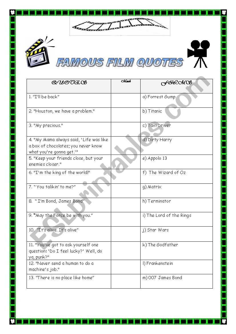 Famous film quotes - cinema worksheet