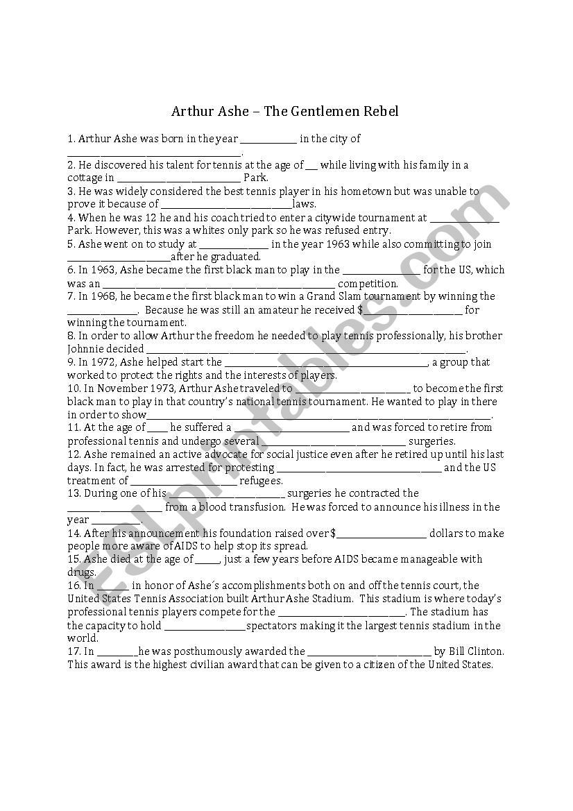 Arthur Ashe Biography Worksheet (Pair with PP presentation - see link in description)