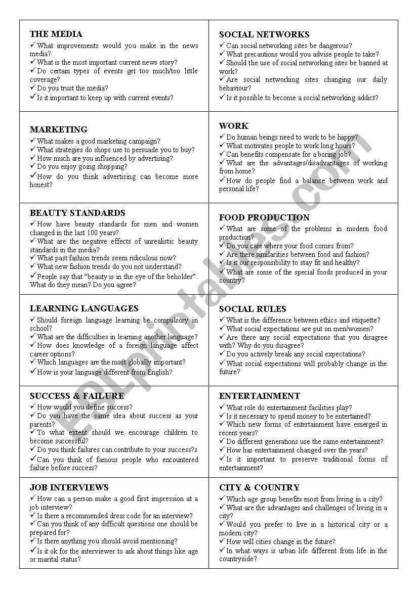 Speaking cards (18 topics) worksheet