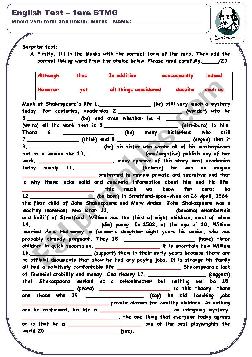 Test linking words and mix verb tense shakespeare