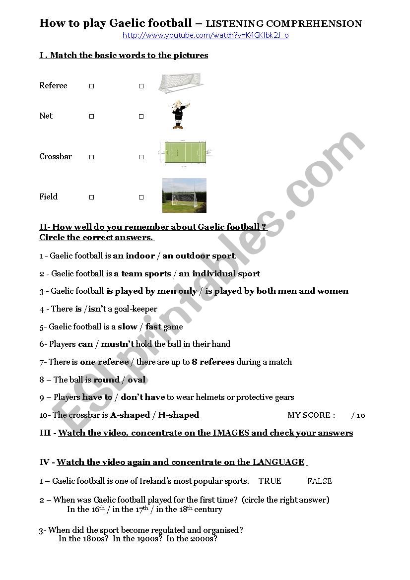 Gaelic football rules worksheet