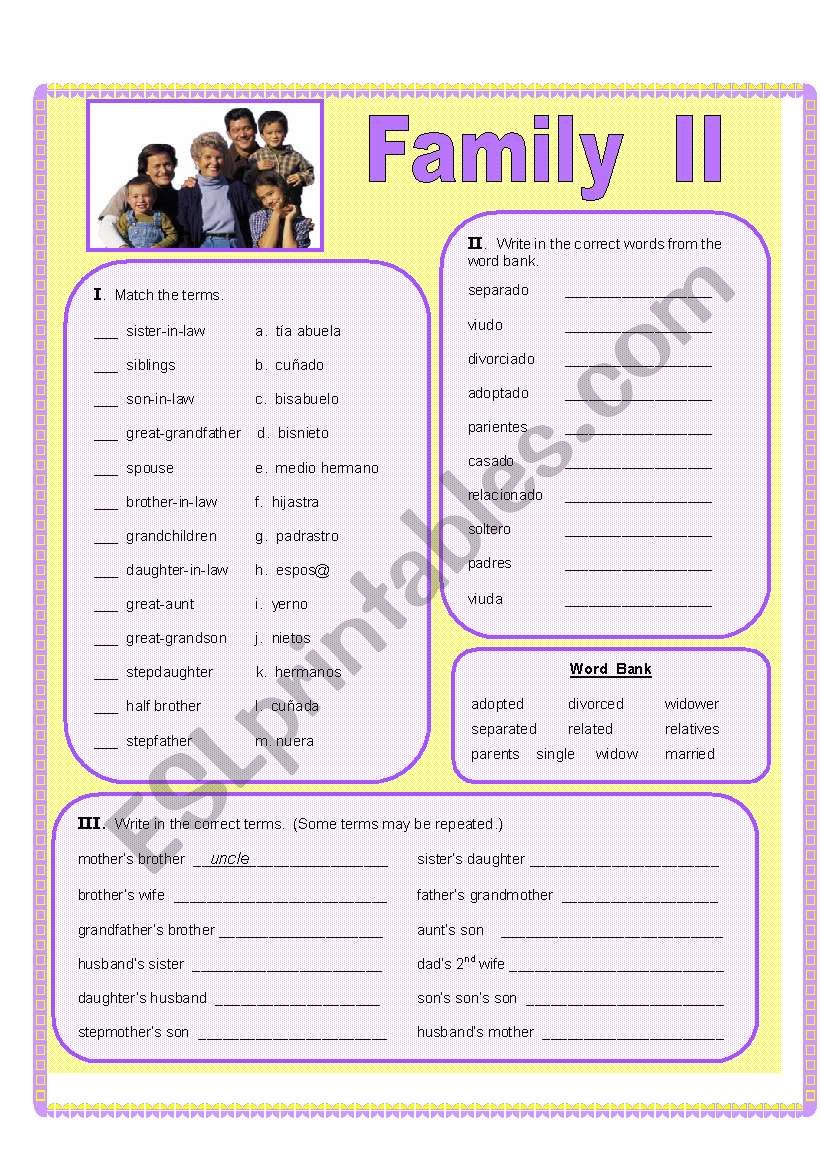 Family II worksheet