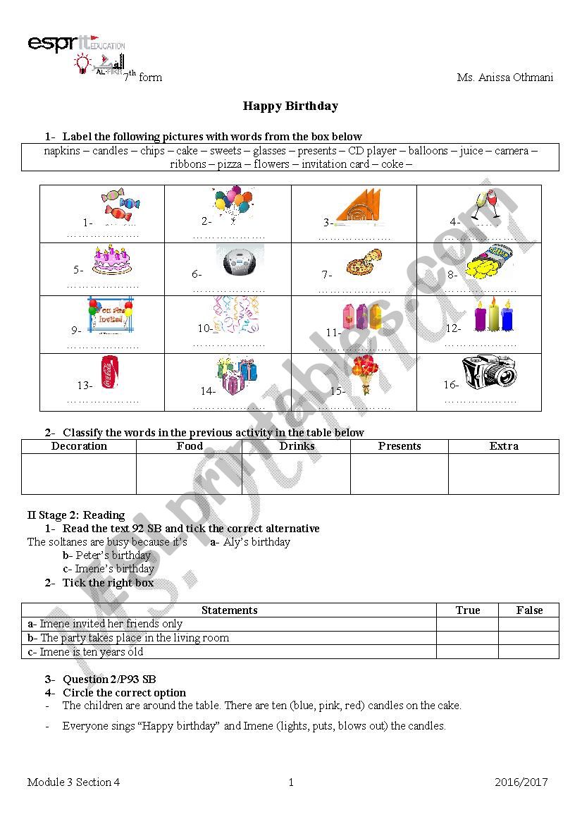  Happy Birthday 7th form worksheet