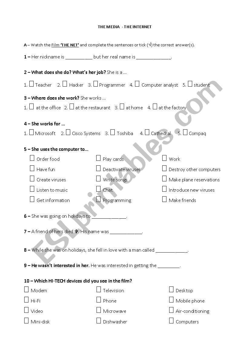 film The net  worksheet