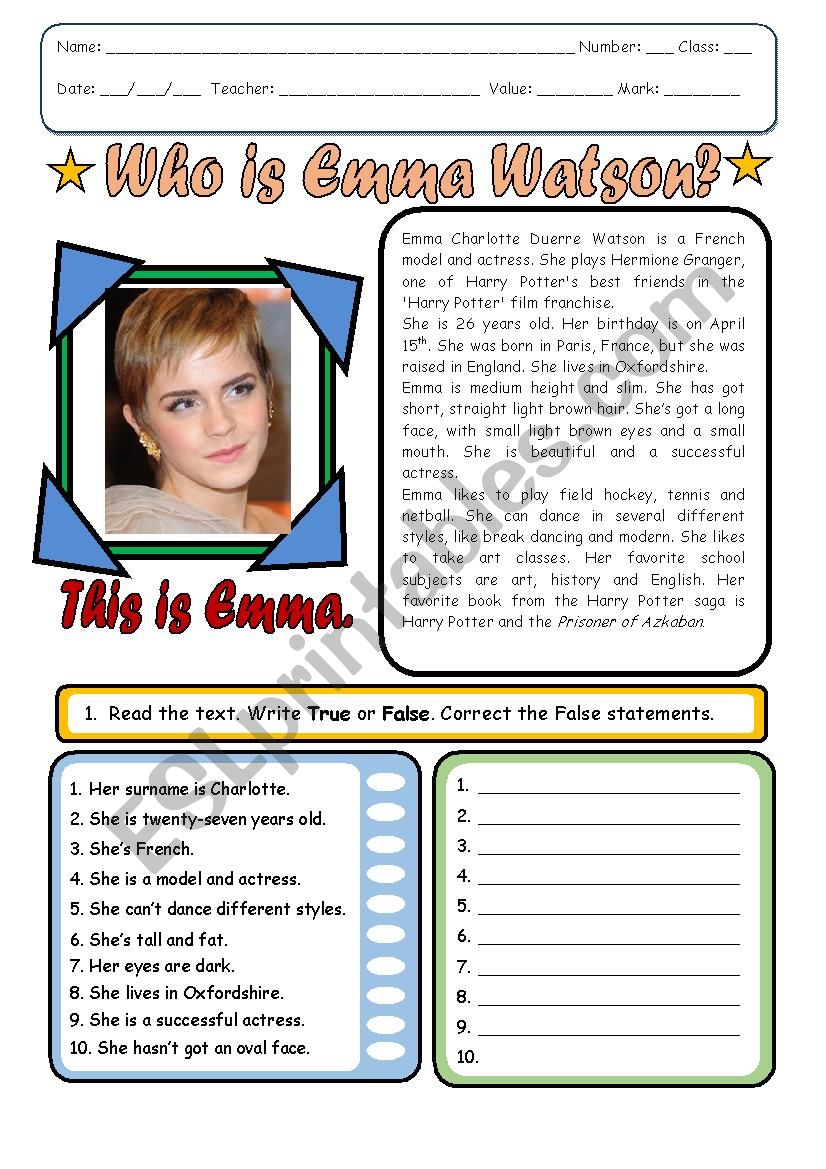 Emma Watsons Biography worksheet