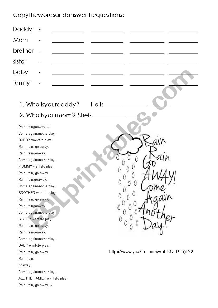 Song - Rain rain go away worksheet