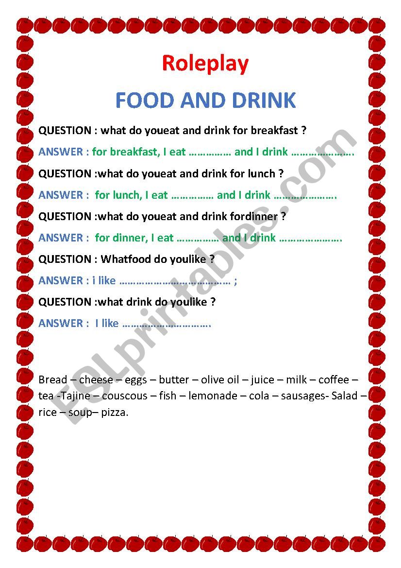 ROLE PLAY (FOOD AND DRINK) worksheet