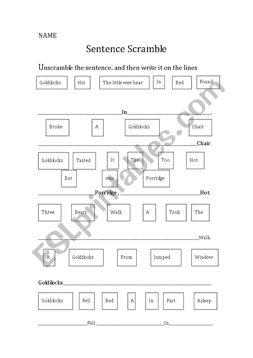 The three little bears worksheet