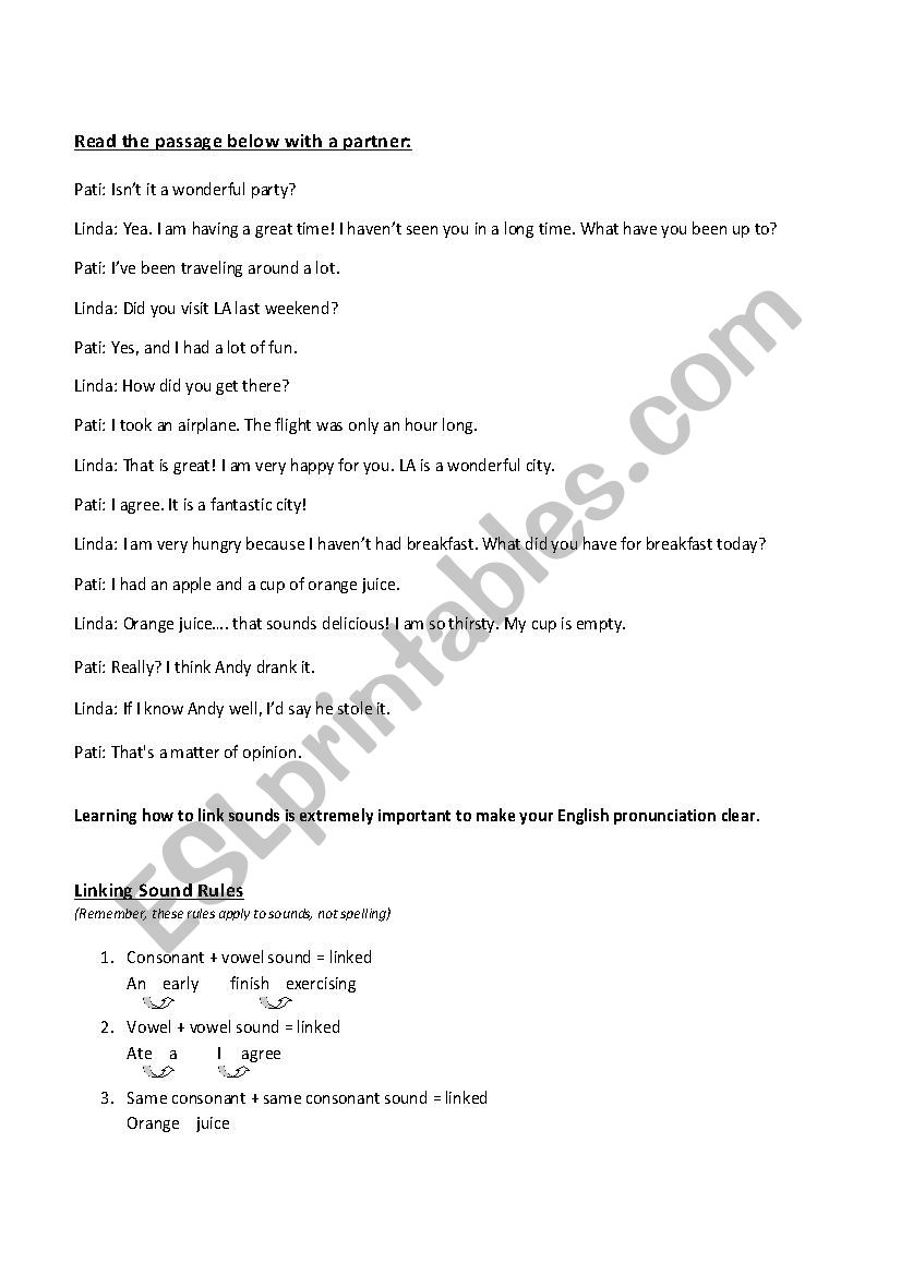 Linking Sounds Exercise worksheet