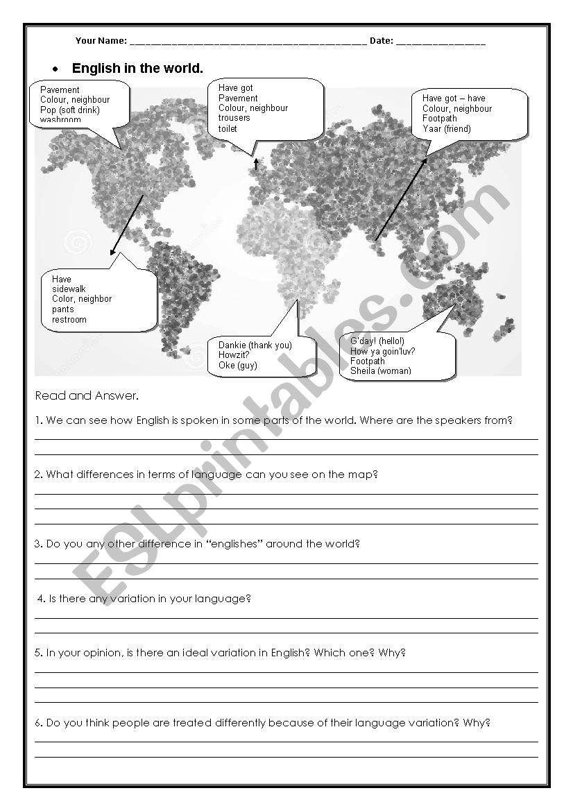 English in the world worksheet