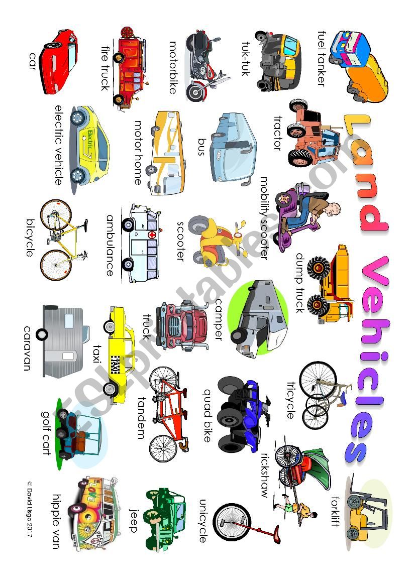 Land Vehicles Pictionary worksheet