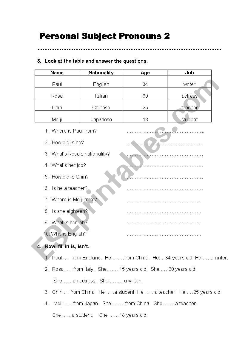 personal subject pronouns 2 worksheet