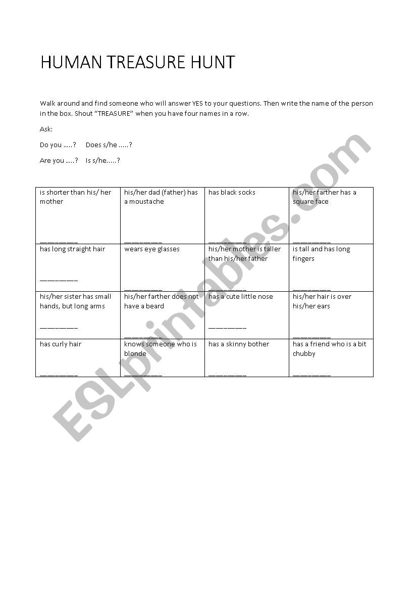 Human Treasure Hunt worksheet