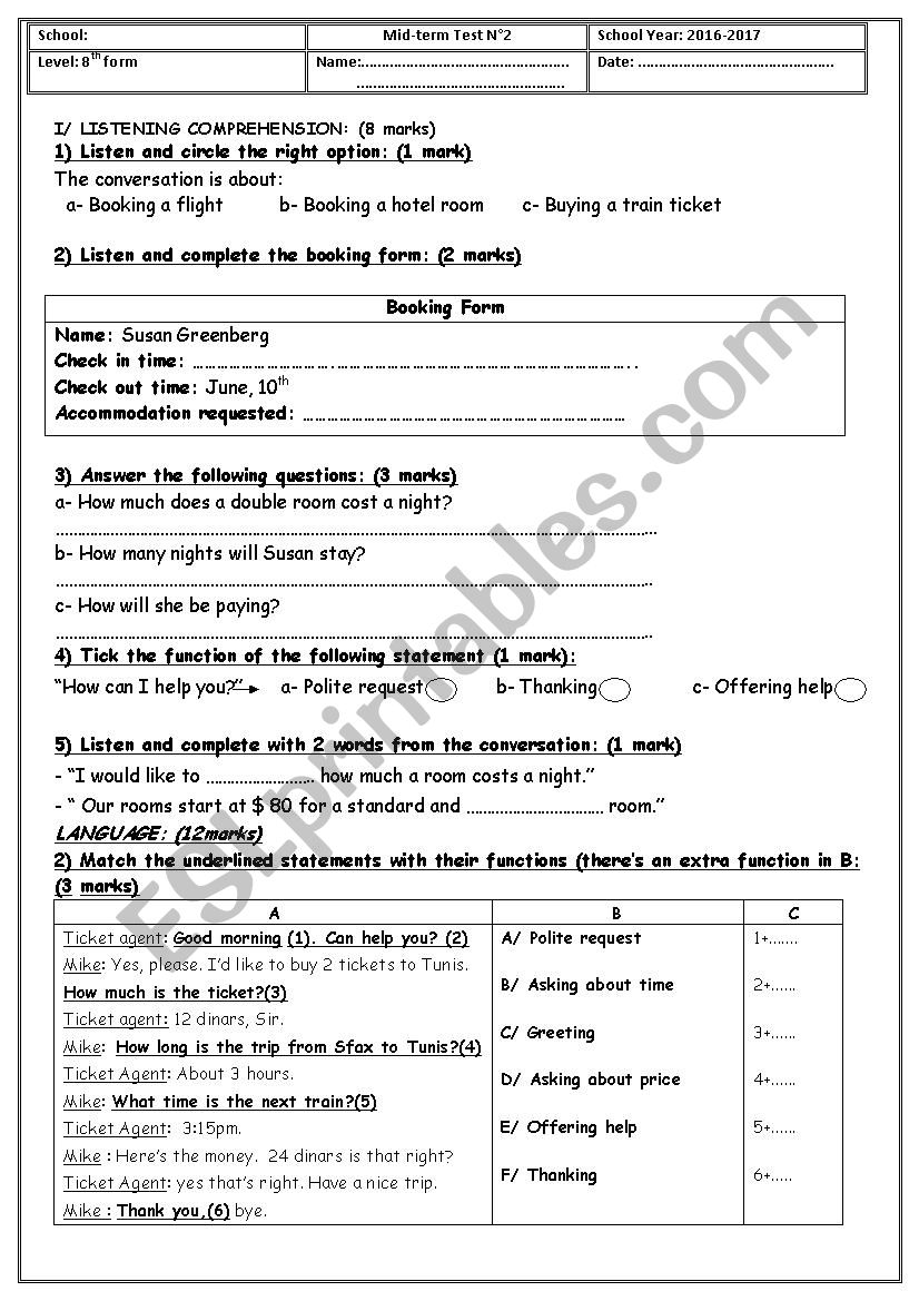Semester2: Test 1 worksheet