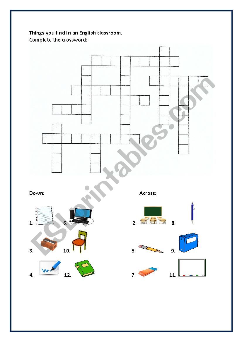 English classroom crossword for beginners